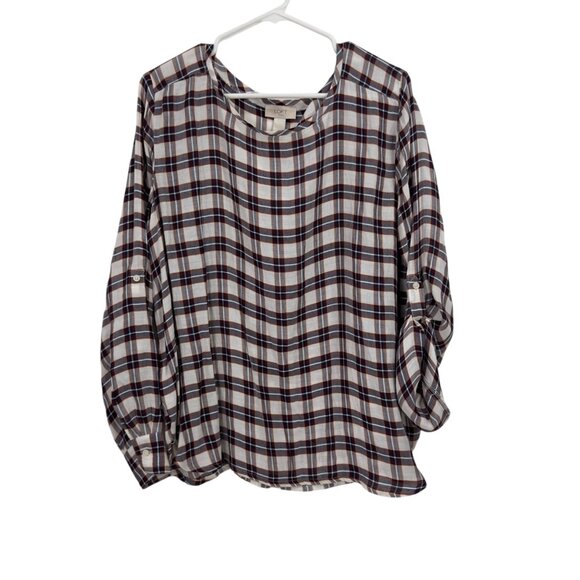 LOFT Outlet Pullover Plaid Long-Sleeve Rayon Blouse SZ L White & Multicolor - Picture 8 of 10